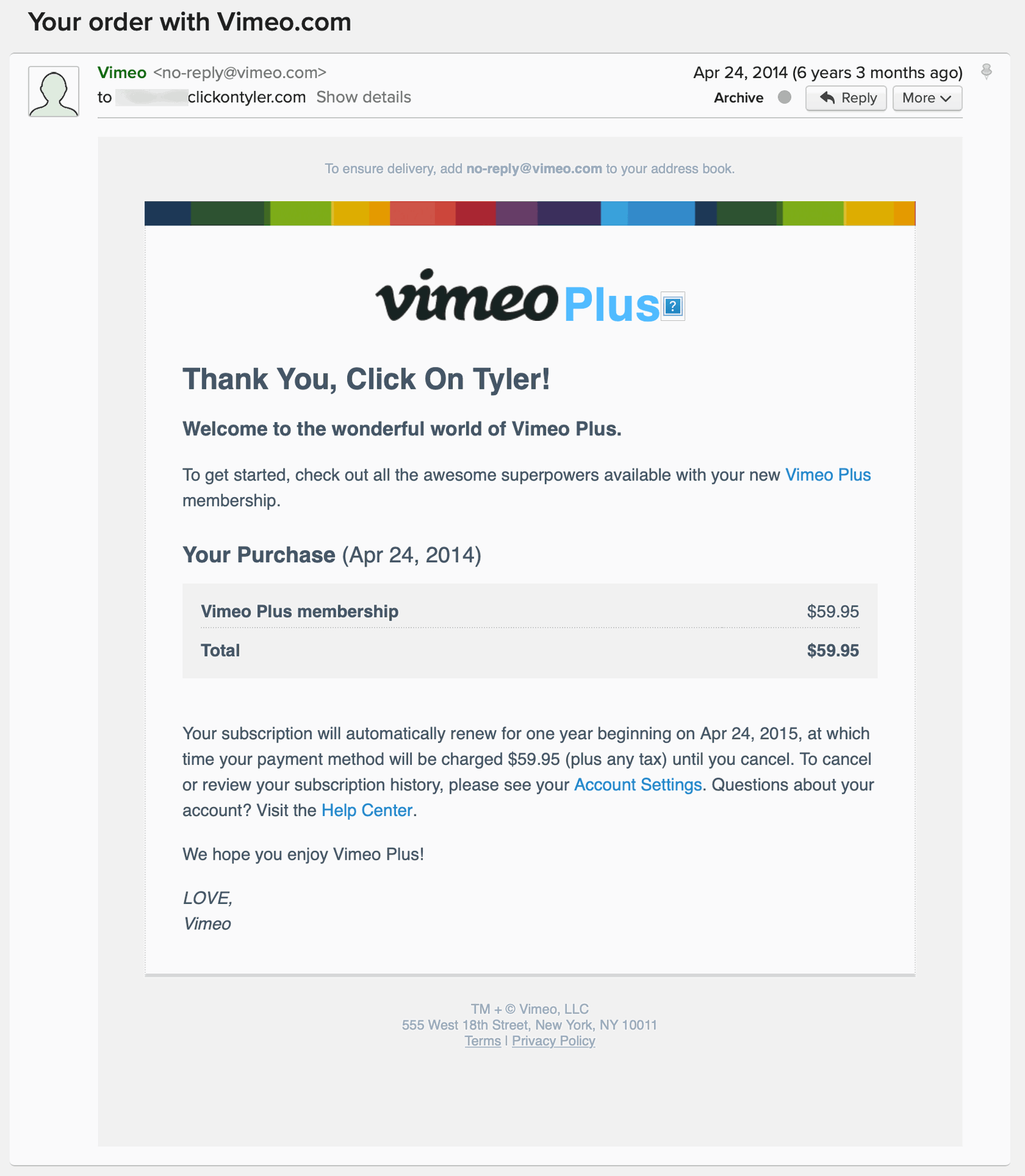 Vimeo order receipt from 2014